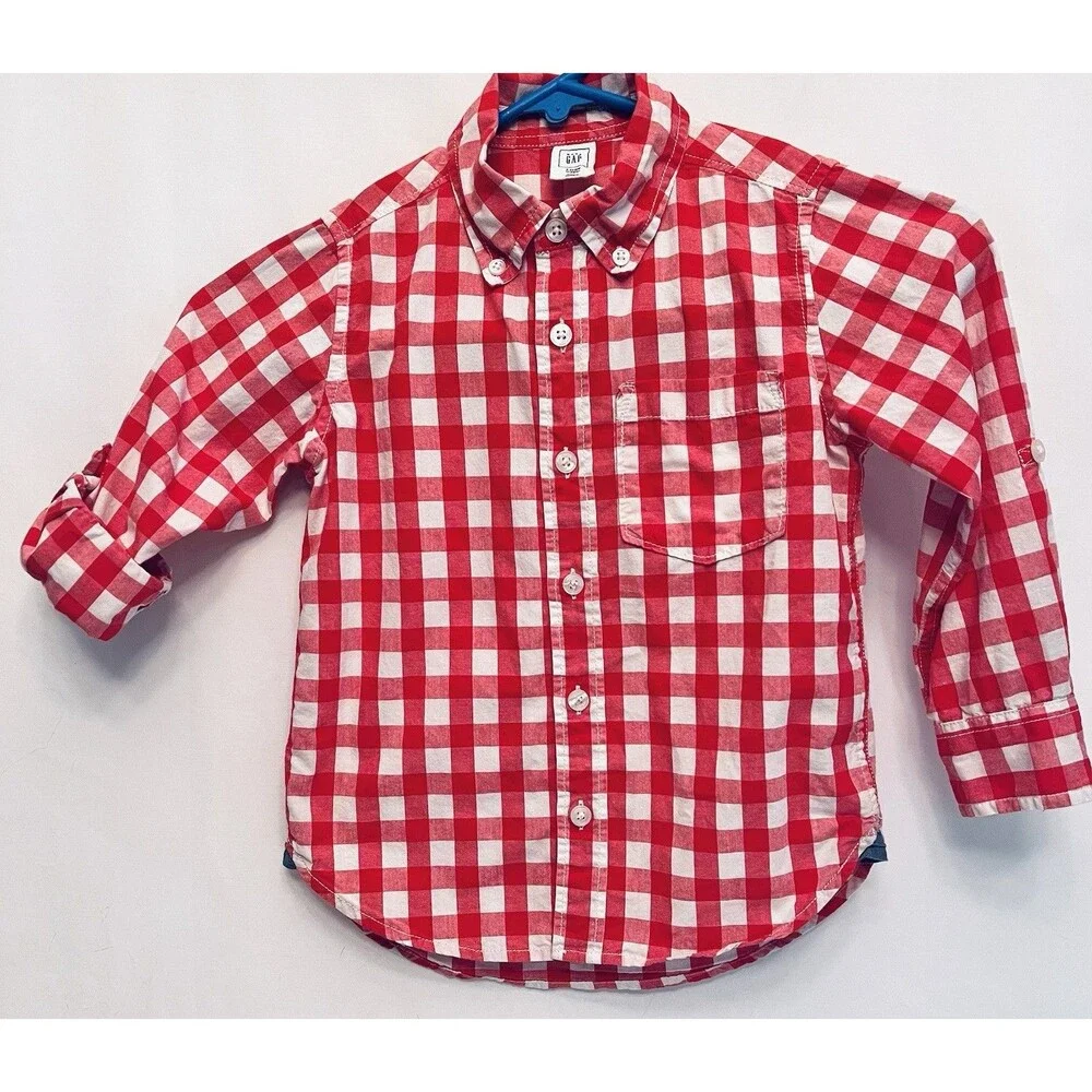 Gap Toddler Boys 4T Red White Gingham Button Down Shirt Roll Tab Sleeves Cotton